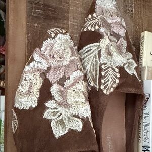 Floral Embroidered Brown Suede Loafers